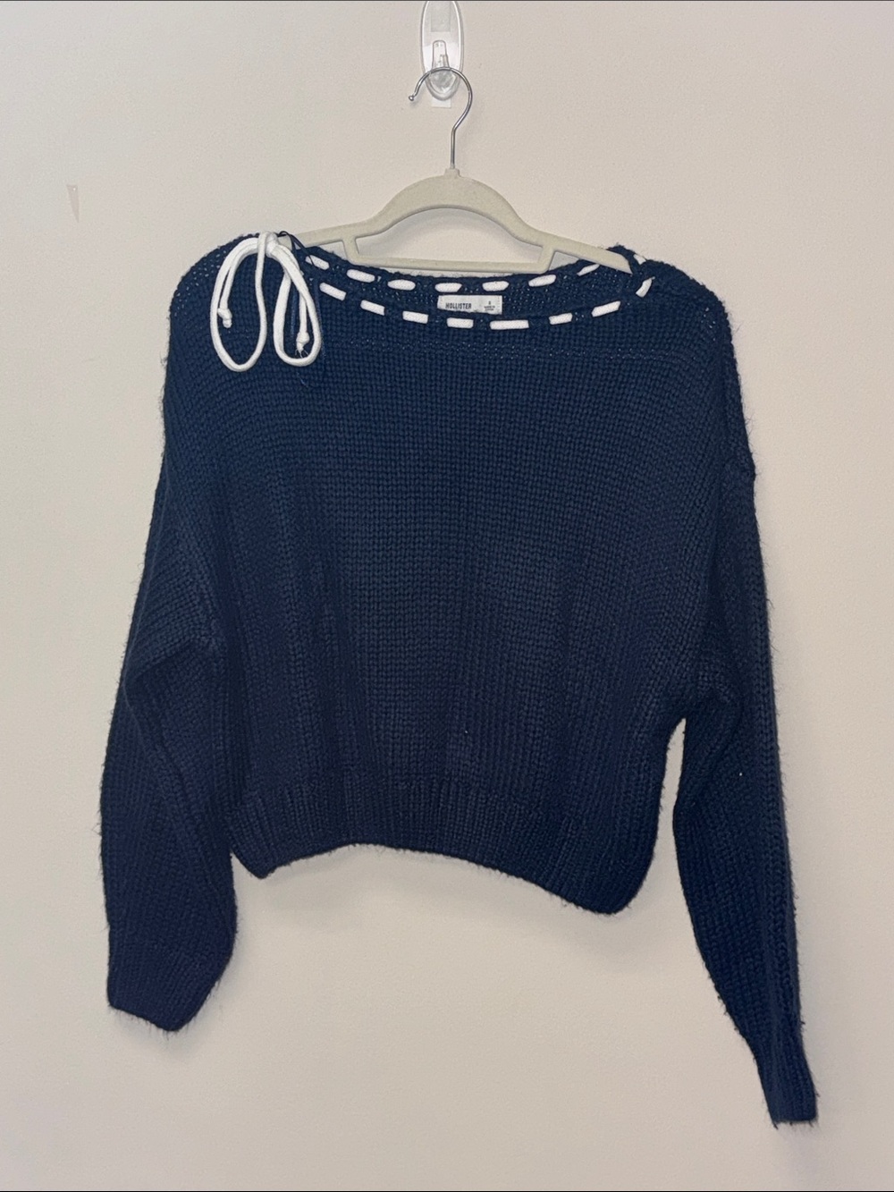 Hollister Navy Knit Crewneck Sweater with White Tie Accent